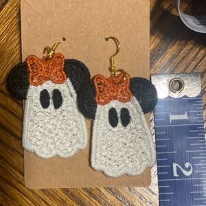 Handmade GLOW IN THE DARK GHOST WITH A BOW. Embroidered FSL Earrings.